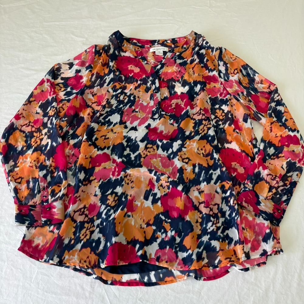 Liz‎ Claiborne Womens Multicolor Floral Long Sleeve Blouse Top W/ Tank Size XL